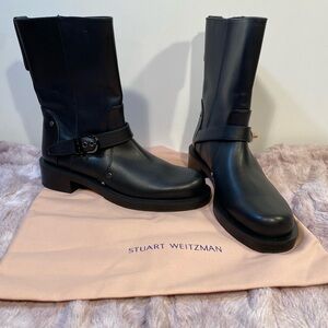 NWT NWOB Stuart Weitzman Black Leather maverick pull on Moto Boots 6.5B / 37